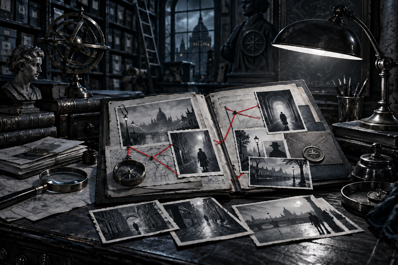 An open detective dossier and old photographs under a lamp in a shadowy archive